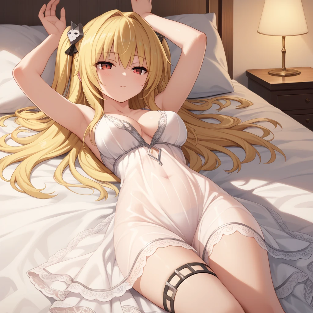 highest quality、Sleeping、smile、Small breasts、belly button、Panty shot、Fox ears、Long blonde、Completely naked、bed