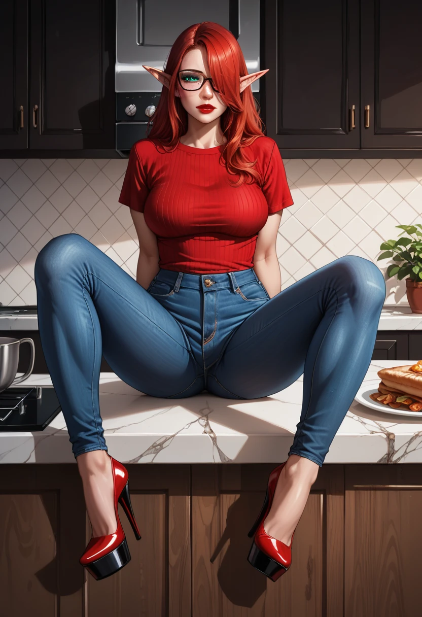 score_9,score_8_up,score_7_up, 1girl, Beautiful, Curvy, Tall, Mature, (Medium Breasts: 1.3), (Elf Woman: 1.3), (Sitting on counter, Legs spread Wide, in kitchen: 1.3), (Black Framed Glasses: 1.3), (Long Red hair over one eye: 1.3), Blue Eyes: 1.3, has shine, double eyelids, detailed irises, Tall, Curvy, Body, Skintight Red Short sleeve Shirt: 1.3, Skintight Blue Denim Jeans: 1.3, Red Stiletto High Heels: 1.3, Red lipstick: 1.3, Green Eyeshadow: 1.0, hyper detailed, 16k, light and shadow on skin, vivid colors, Lustful Expression, perfect lips, sexy mature face, lots of freckles all over body, full voluptuous pouty lips, extreme blush, Looking at Viewer, eyes half open, Close-up: 1.1, extremely detailed, ray tracing, RTX, high saturation, high contrast, photon mapping, ((sharp image)), ((best quality)), ((detailed background)),((intricate details))