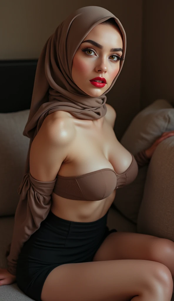 Home，Malaysian Muslim women，scarf，Short skirt，front，Sexy，Big cleavage，Ultra HD image,Unbutton，Chest，Cute face，underwear，See the bottom of the skirt，perspective，Short-sleeved clothes，摸着Chest，