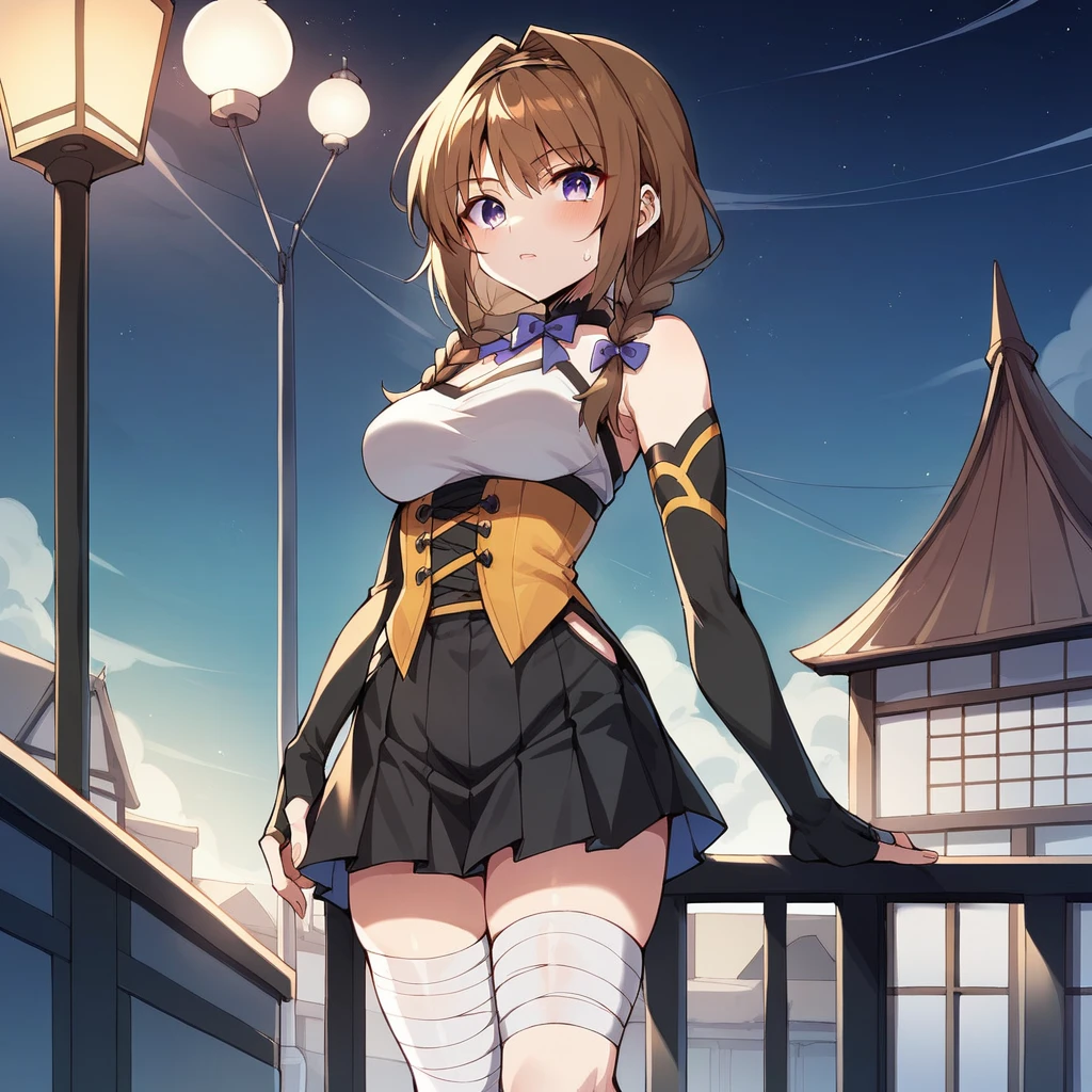  score_9, score_8_up, score_7_up, score_6_up,   1 girl,  is standing, city, town, rooftop, night,  Medium Chest , Takamori Haruka(Hairstyle:1.2, Body Type:1.2)"Kabanelli Unknown (face:1.2, Costume:1.2), Light purple eyes, "Dark brown hair,  single braids ,  Ribbon Choker ,Purple ribbon,Black and white.japanese clothes, Corset ,black and white hakama short skirt, long sleeve, Blue Ribbon , bandaged legs ,Fingerless gloves,  Detached Sleeve "