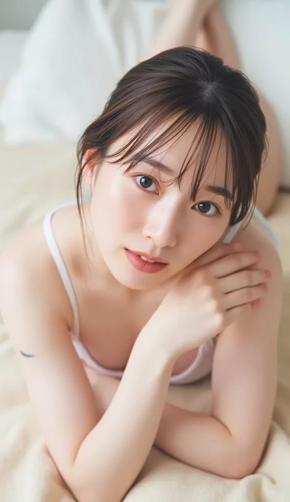 high resolution photograph of a Japanese woman, masterpiece, award-winning photos, extremely detailed, sharp focus, (full frontal, naked), (orgasm, open mouth, half-open eyes), pale skin, (lying on back in bed, arms crossed and hiding nipples with both hands:1.2), view from above,