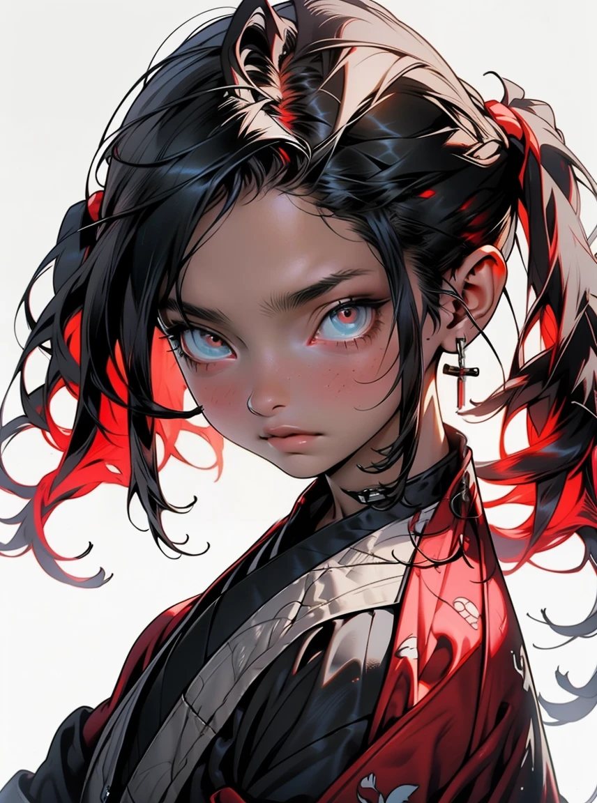 Girl, black, white, View opinion, Red death flowers, detailed eyes, detailed face and body, depressed, He is afraid, sad, Very very detailed, No mistakes, High accuracy, dark clothes, aesthetic, japanese hair, pigtails hair, simple background