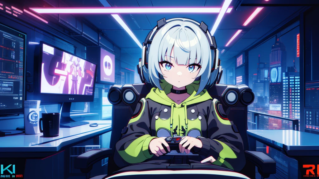 nimé girl with a hoodie sitting in front of a computer, animated style 4 k, cyberpunk animated girl in hoodie, neon.animated, cute hoodie animated girl in room, playing game,  holding game controller , PC Monitor, pattern background ,animated art wallpaper 4 k, animated art wallpaper 4k, digital cyberpunk - animated art, digital animated illustration, cyber student, digital cyberpunk animated art, animated style. 8K, animated art wallpaper 8 k, animated wallpaper 4k