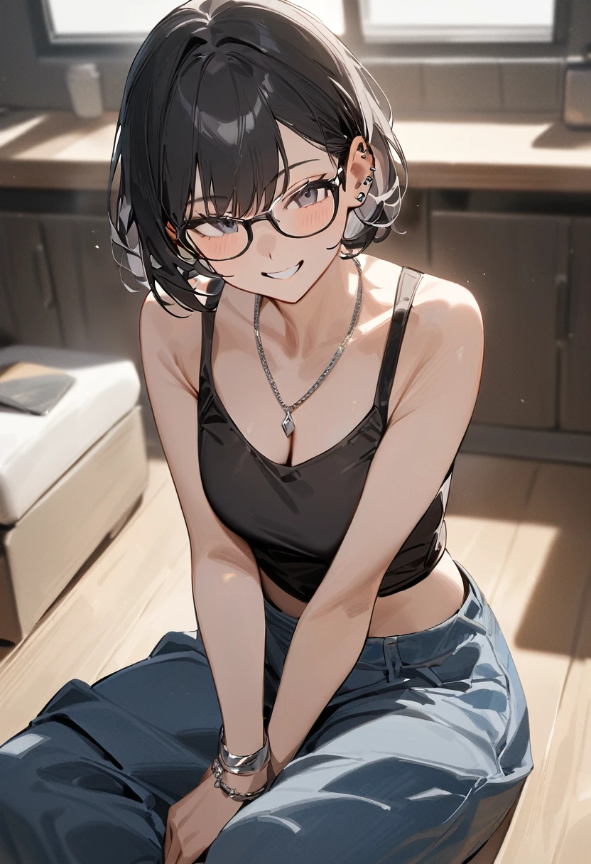 masterpiece, best quality, very aesthetic, absurdres, 1girl, solo, black hair, pixie short hair, very short hair, sirmont16A, glasses, black tank top, baggy jeans, smiling, Sliver ear piercings, wearing sliver necklace, wearing bracelets
