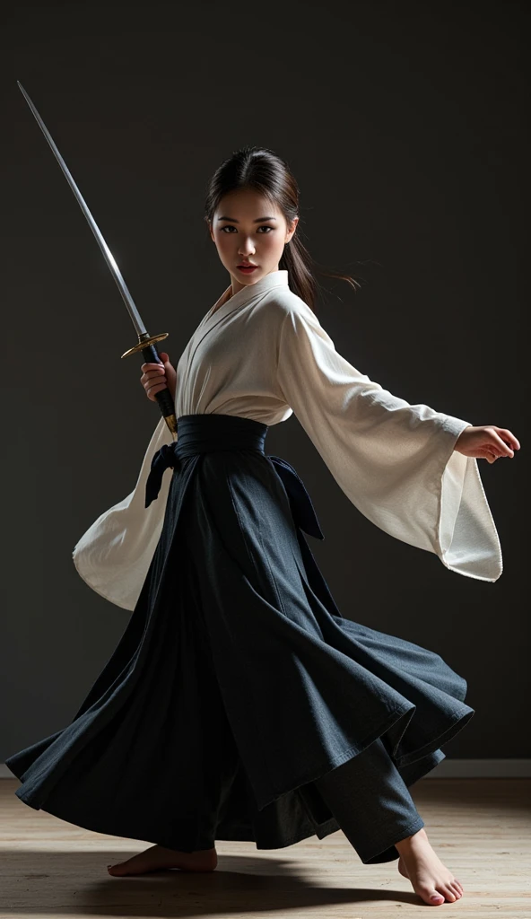 1 Japanese female samurai, solo, wearing a kimono and hakama, straw sandals, gripping a razor-sharp Japanese katana with a long, meticulously honed blade, performing an elegant sword dance, (best quality, 4k, 8k, highres, masterpiece:1.2), ultra-detailed, (realistic, photorealistic, photo-realistic:1.37), traditional japanese art, intricate details, dramatic lighting, muted color palette, cinematic composition, dynamic pose, intense focus, flowing fabric, clean lines, disciplined expression