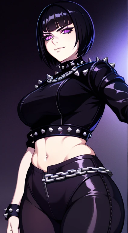 young girl, short black hair, violet eyes, smirk, Black leather jacket with spikes, open belly, breeches, Chains on clothes, scar on face, cigarette, Smoke, hiquality, 4k, HD, Good detail