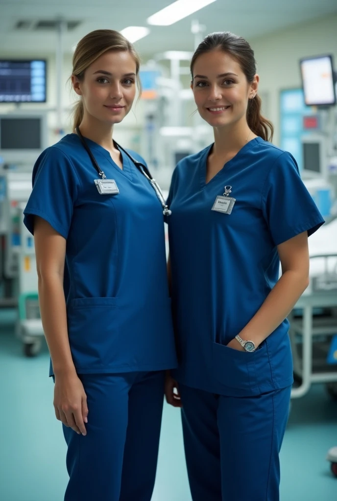 Ultra realistic, Cinematic, team of 3 surgical nurses, 3 swedish teeanger girls, blonde hair all girls standing, working in surgery, 17 years old,  body, pale skin, beautiful face, big smile, detailed face, ultra soft and ultra light slight small teal women hospital scrubs, teal hospital scrubs, wide angle showing full body,  hospital ward, people, bokeh, short hair tied up as hair bun / Chignon
