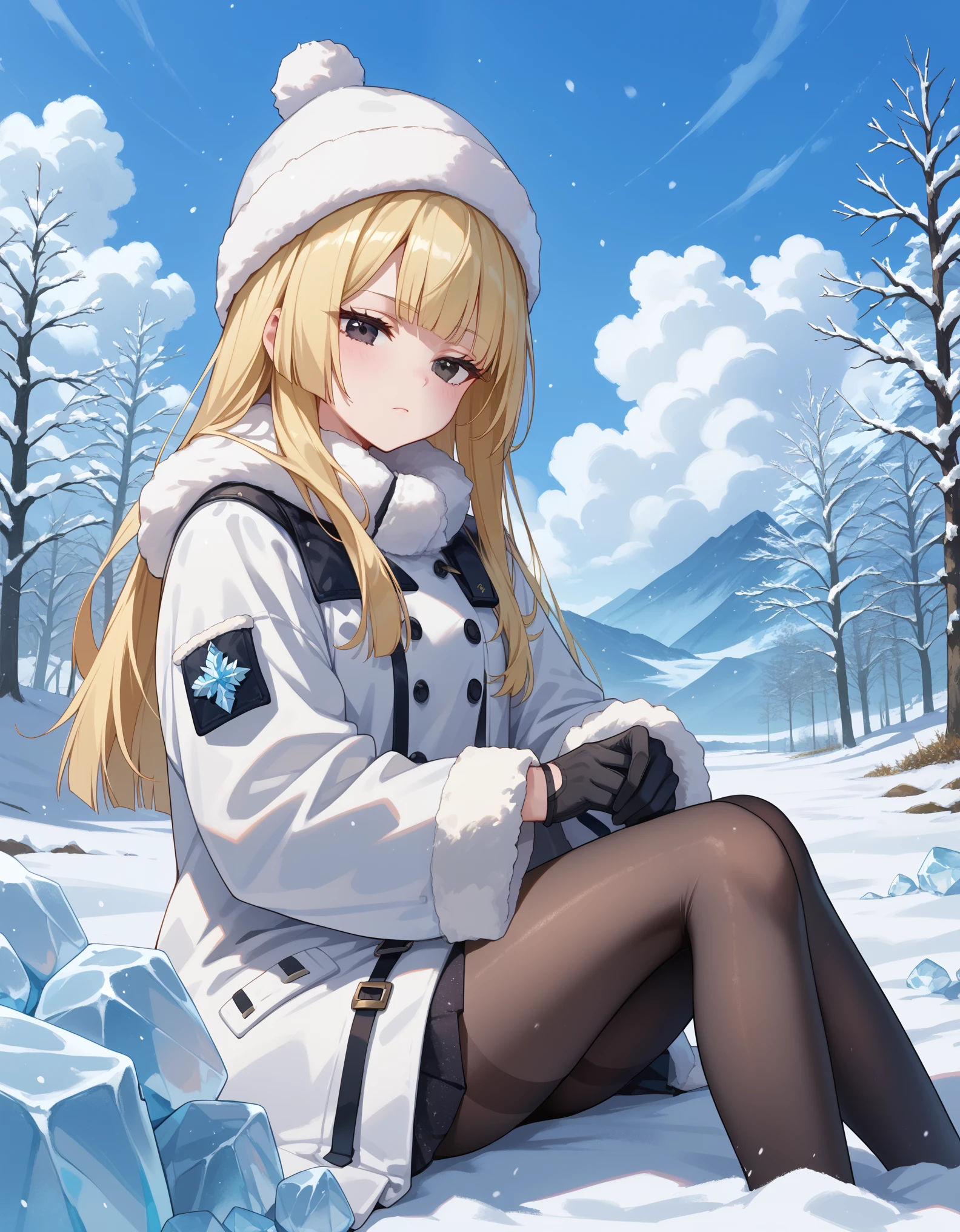 score_9, score_8_up, score_7_up, 1girl, blonde hair, hime cut, black eyes, closed mouth, bored, half-closed eyes, winter clothes, small hat, white coat,fur-trimmed sleeves, long sleeves, wide sleeves, black gloves, black pantyhose, winter, snow, ice,