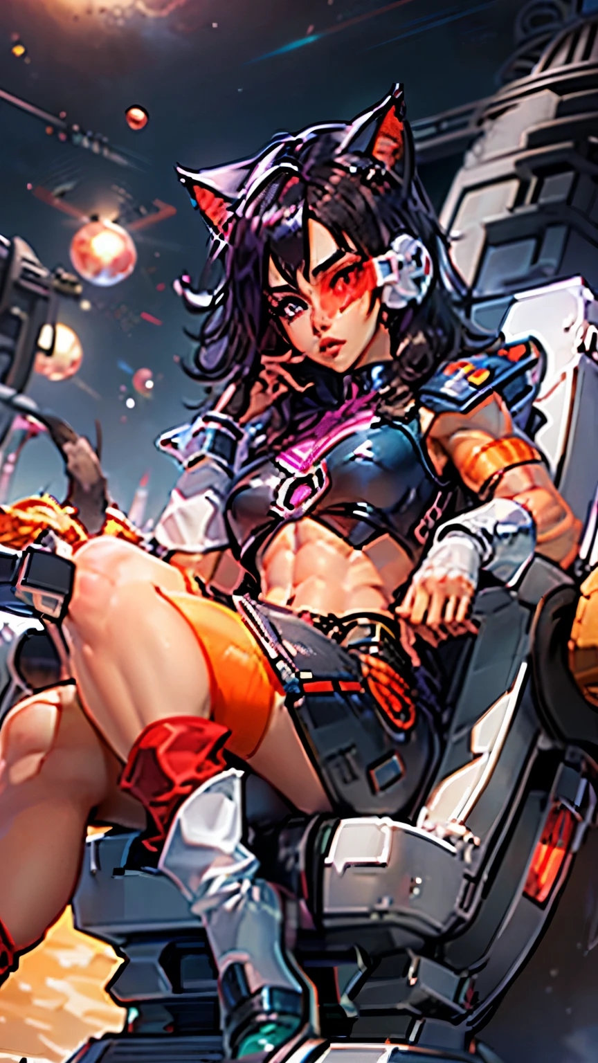  A black-haired girl with red eyes,  pointy hair  , cat ears, raising the right eyebrow, eyeliner,  Beautiful eyebrows , lip filler, eyelashes,  tinted sunglasses , Saiyan Scouter , saiyajin armadura,  muscular body,  frieza spaceship ,  takes full body,  crop top,  sitting on a chair, hand on face