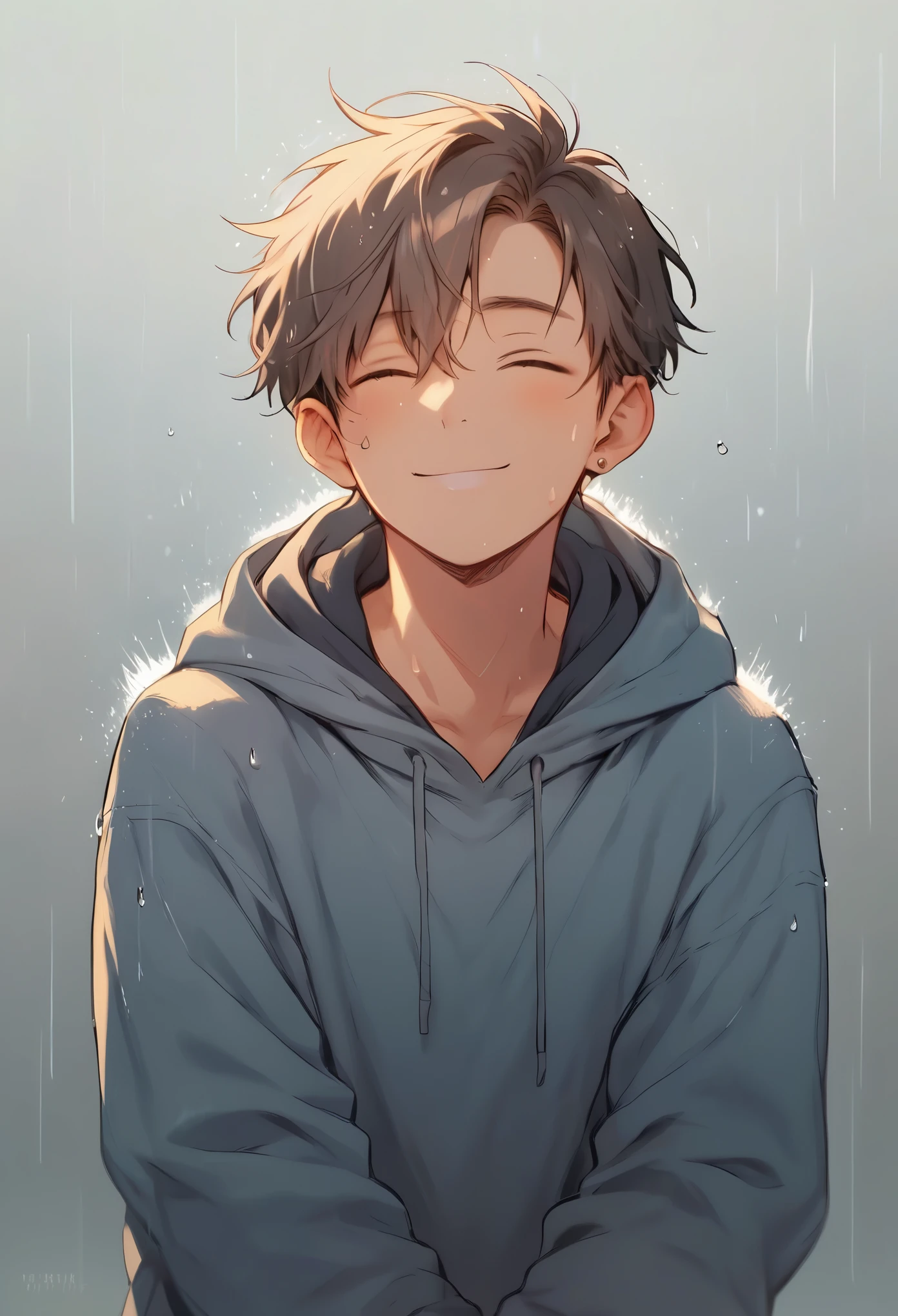 anime boy in a hoodie sitting in the rain, ele está smiling, [[[[smiling maliciosamente]]]],  smiling, but has a temper , shy little smile , by Shitao, smiling lascivamente, smiling muito levemente, smiling direito, Makoto Shinkai ( apex legends ), anime boy, light and cute smile