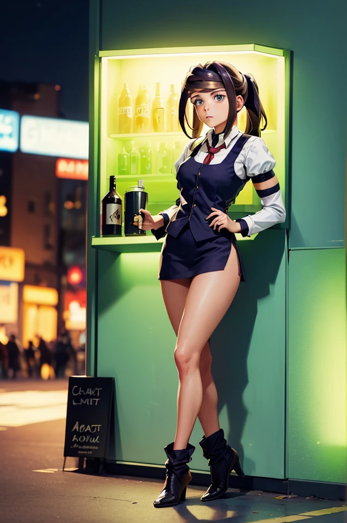 ( masterpiece , better quality), 1 girl,  Short brown hair ,  secret agent outfit with brown details, with a vest over the top . full body image, green eyes. Perfect anatomy