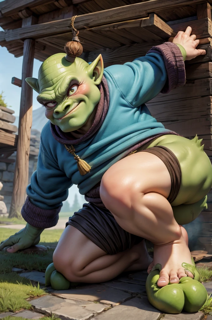 masterpiece, realism, photorealistic, best_quality, 1boy, solo, link, the legend of zelda, tunic, hat, mid transformation, transforming into a green yoshi, tail bursting out of pants, {{{plump thick stumpy tail}}} growing between [[butt]] cheeks, ripped pants, view from behind, human nose turning green and round, losing balance, shock, embarrassed