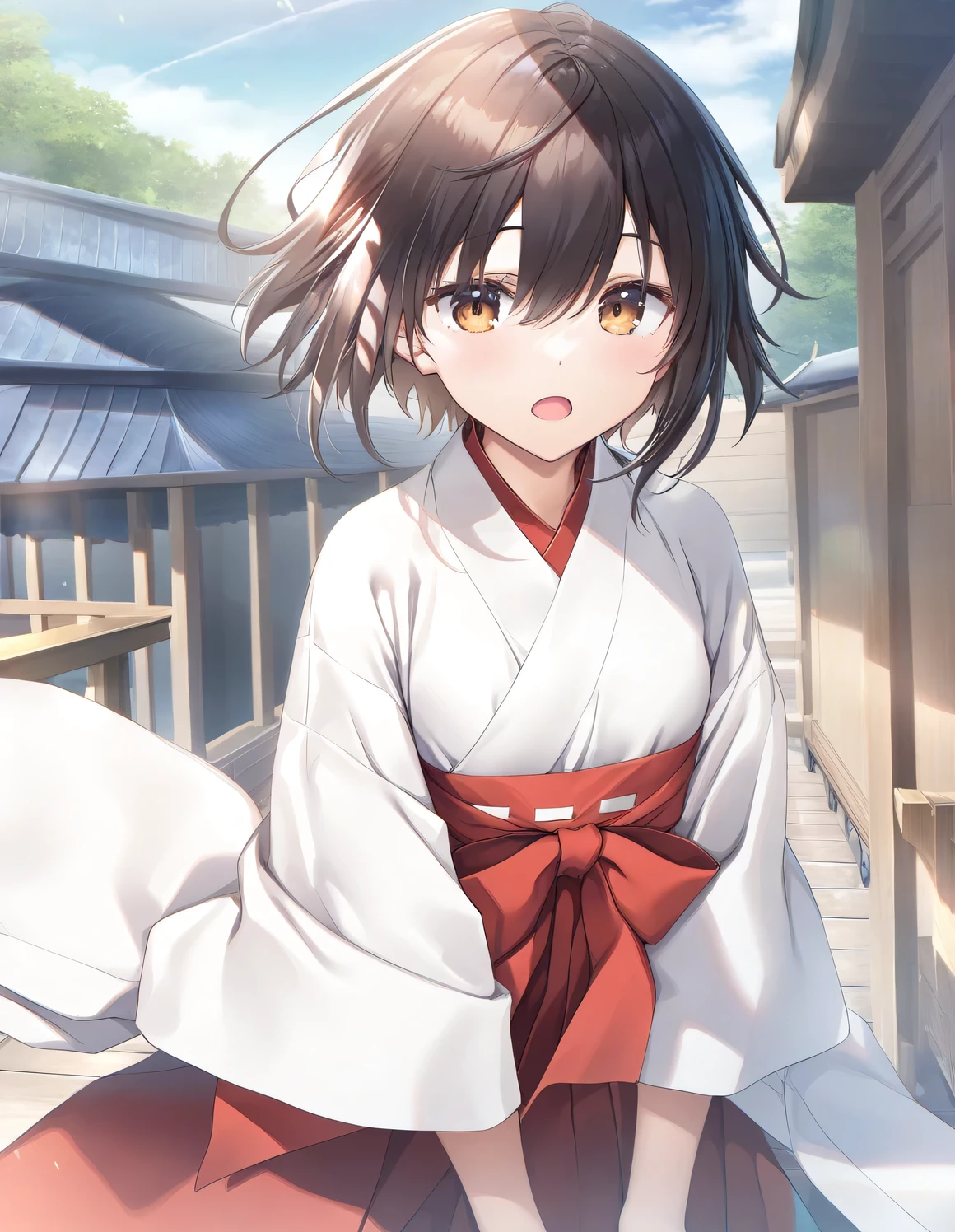 1girl, little female, short hair, beautiful breasts, open mouth, miko, outdoors,wind, game CG break,((artist:kimishima_ao)),(artist:mitsumi_misato),(artist:fujiyama),(masterpiece), (best quality), (ultra-detailed), very aesthetic, newest, beauty illustration,super detailed skin, (masterpiece), (best quality), (ultra-detailed), very aesthetic,newest ,hi res,absurd_res,2023,shaded,digital media (artwork), lighting, 4k, 8k,