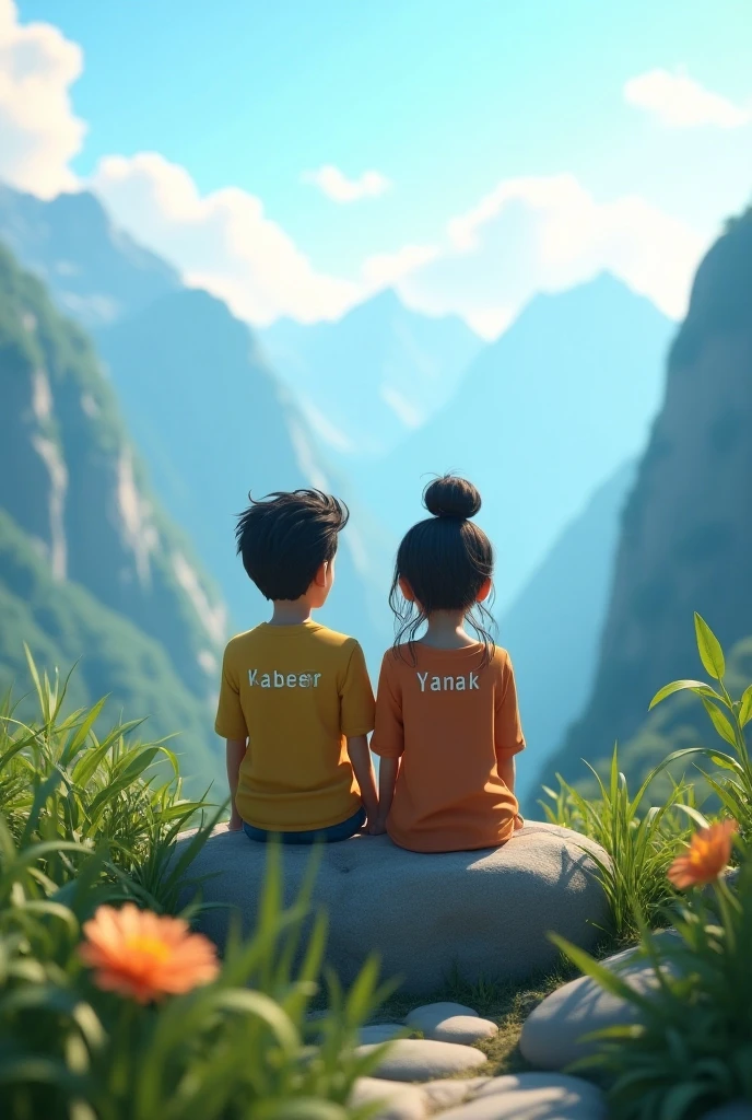Craft an enchanting 4K 3D scene where a boy named "JAKIR," with the name printed on his shirt, and a gil named "SHAPLA" also with the name on her shirt, standing in back of a sports car, enjoying the beautiful nature on the top of a mountain.