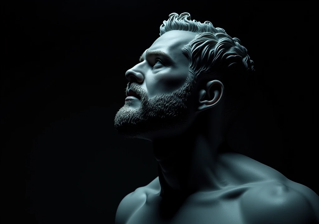 A stoic male face in introspective pose. The character has a thoughtful expression, looking up, conveying internal tension. The background is completely black, which accentuates the loneliness and internal conflict of the moment. A dark outline of white and blue surrounds the character, adding a dramatic touch and highlighting his silhouette in the darkness. The lighting is dim, with strong shadows, and the style is classic, with dark tones and intense contrasts." This puts more emphasis on the face of the sculpture, with high image quality and depth. The character has a muscular, bearded body and with a stoic style.