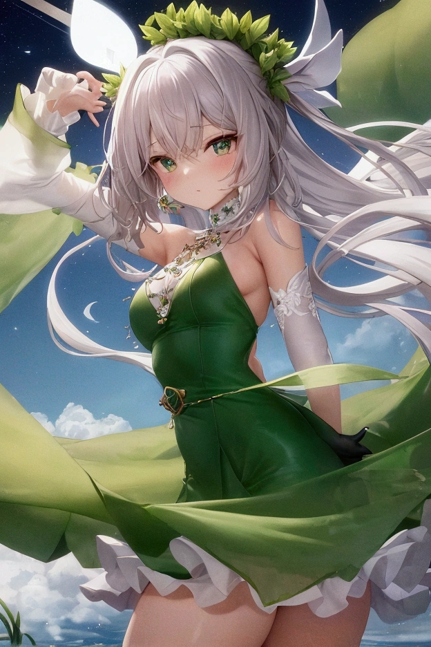 tmasterpiece,best qualtiy,Fine and detailed,A high resolution,Extremely Delicately Beautiful,(whaite hair),Close-up Shot Shot,(Green eyes),Be red in the face,cleavage,Off-the-shoulder attire, photo,perfect bodies,perfect bodies,white stockings,(Overlooking),Mare