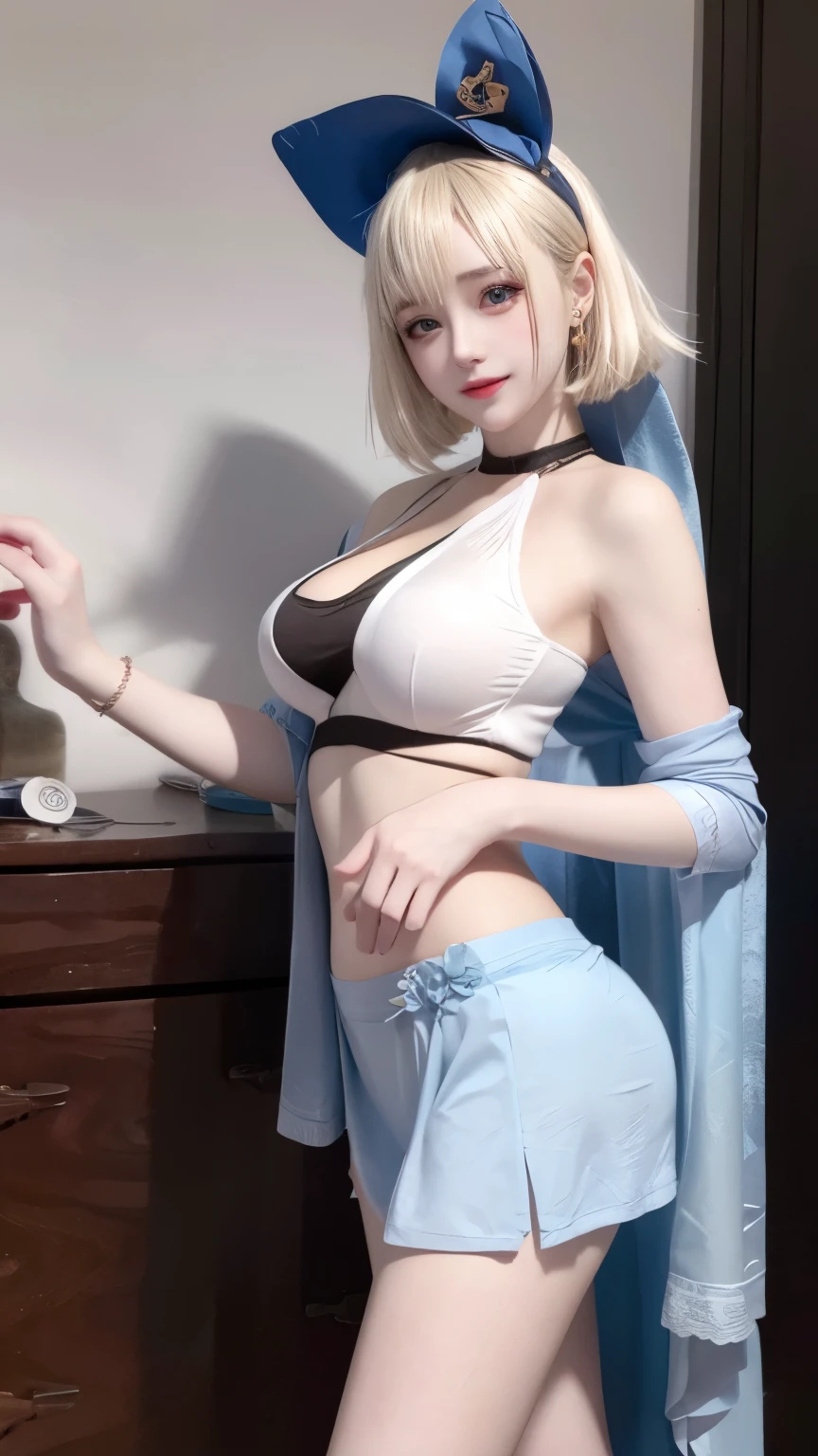 Cute girl, Catwoman, short white hair, cat ears, blue eyes, smile, blue collar, bell, tight blue clothes, white wool collar, blue gloves, long sleeves with white wool ends, big breasts, black belt,