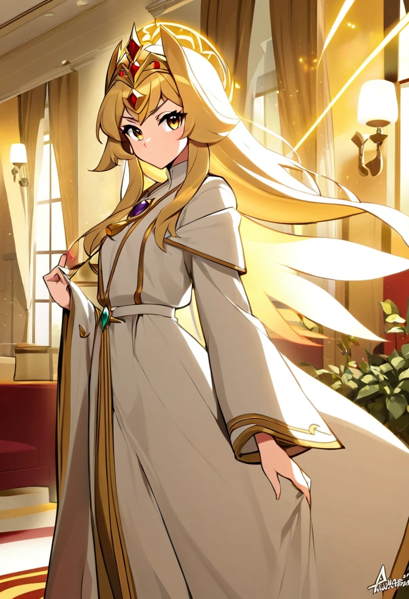 a cartoon picture of a woman in a white dress, she-ra, she - ra, white and gold priestess robes, princess of light, golden-white robes, ((wearing aristocrat robe)), appears as Vivziepop art style, hazbin hotel art style, velvette hazbin hotel