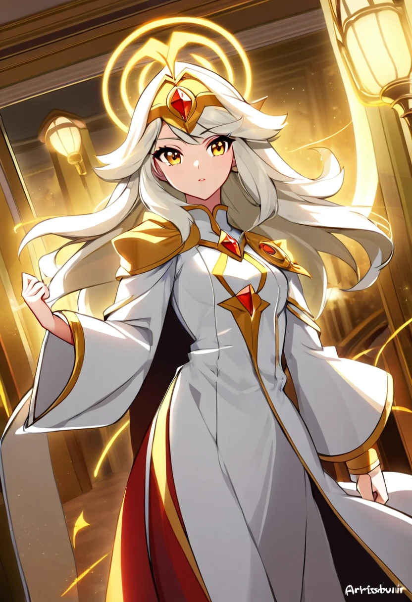 a cartoon picture of a woman in a white dress, she-ra, she - ra, white and gold priestess robes, princess of light, golden-white robes, ((wearing aristocrat robe)), appears as Vivziepop art style, hazbin hotel art style, velvette hazbin hotel