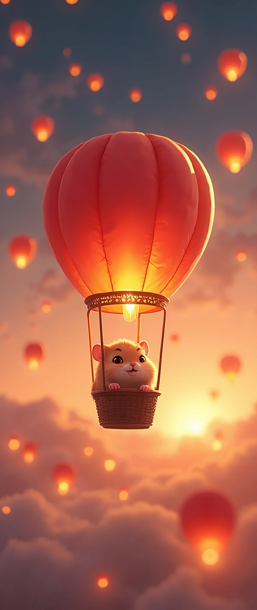 masterpiece, Superior Quality ,Milonish,  Cinematic Experience,Super detailed, Ultra HD, best illustration, 3D isometric illustration ,16k,wallpaper,Pixar Studios ,Floating Lanterns,,Close up of a hamster traveling in a lantern balloon, dynamic , deformed characters , Minimalist ,Pixar Studios , from above,Countless lanterns floating in the sky,( Cute Illustrations )