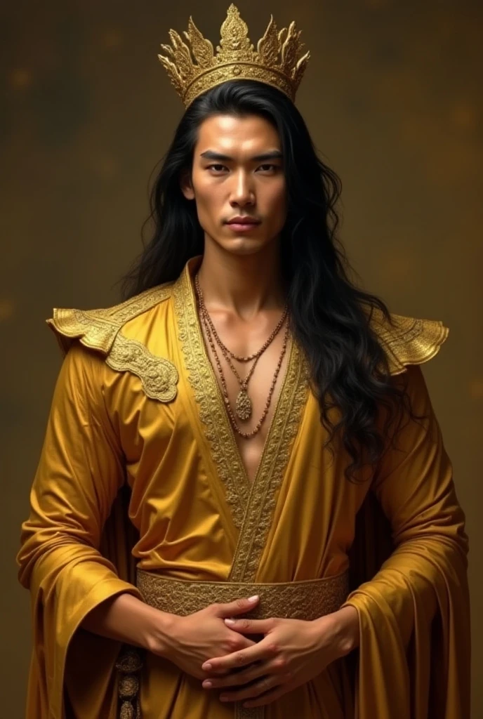 huge sexy masculine inflated tall man with long flowing straight hair in full height with open eyes, Looking Forward, on his face there are two black stripes on his cheeks - the moon god, Asian appearance, ???????, in a floor-length silver skirt, semicircular patterns on clothes, depicting the moon, Covered with a black canopy, in black clothes, semicircular symbols on clothes
In the temple with Arabic architecture