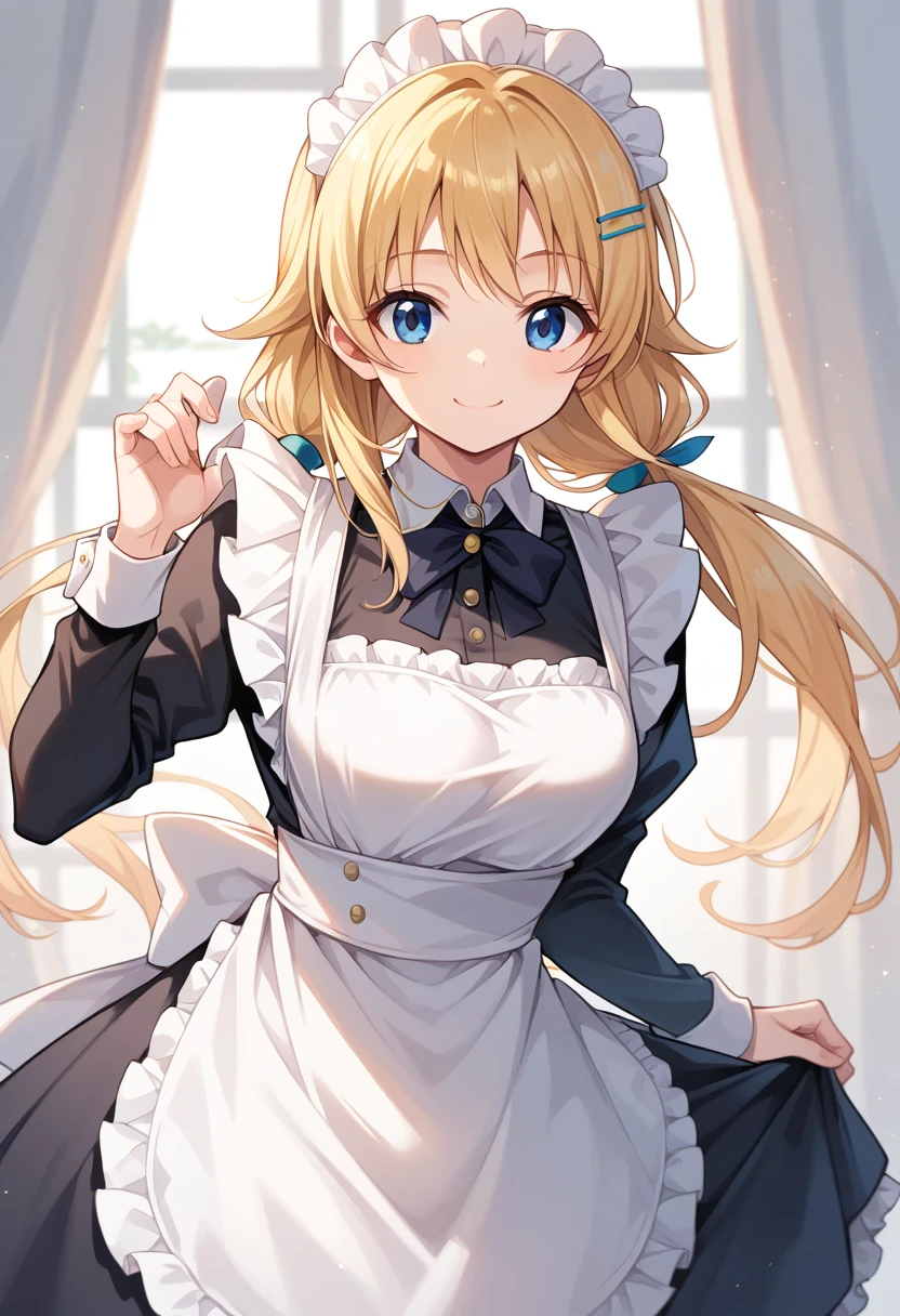 1girl, solo,
hachimiya meguru, 1girl, blonde hair, low twintails, long hair, blue eyes,
maid, long sleeves, madi apron, maid headdress,
smile,