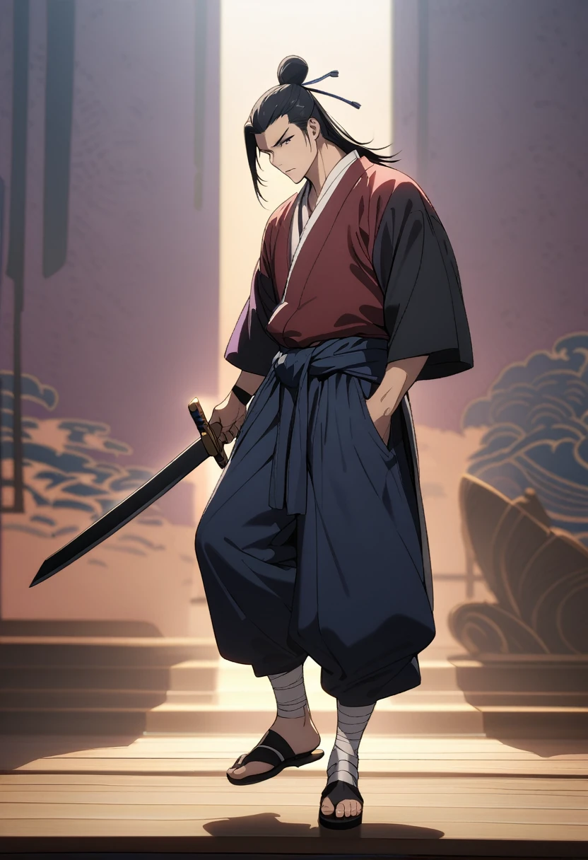 masterpiece, best quality, perfect lighting, high resolution, 1 guy, swordsman, tall stature, muscular but lean build, black hair, manbun and mullet, spiky dual bangs, black eyes, soulless eyes, calm and relaxed demeanor, straight face, handsome, white baggy martial arts gi, long cloth wrapped around waist with a color a mix of blue and purple, thick light-purple rope wrapped around waist, slightly baggy navy-blue pants, (black bandages wrapped over each ankle), black sandals, minimal black sword on waist, full body, three-quarter view, heian era background