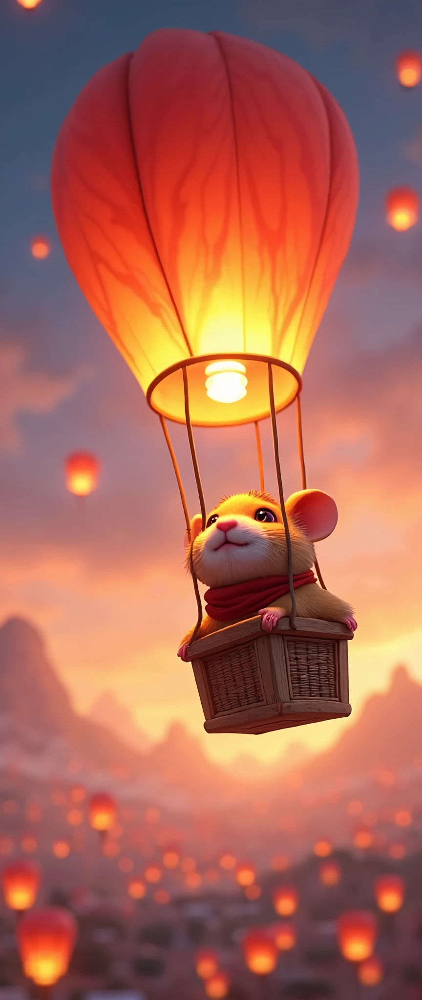 masterpiece, Superior Quality ,Milonish,  Cinematic Experience,Super detailed, Ultra HD, best illustration, 3D isometric illustration ,16k,wallpaper,Pixar Studios ,Floating Lanterns,,Close up of a hamster traveling in a lantern balloon, dynamic , deformed characters , Minimalist ,Pixar Studios , from above,Countless lanterns floating in the sky,( Cute Illustrations )