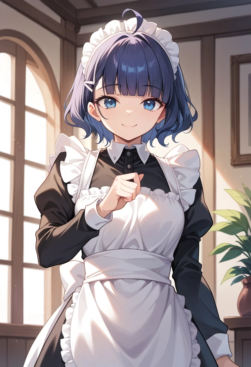 1girl, solo,
suou momoko, ahoge, short hair, blue eyes, eyebrows visible through hair, wavy hair, blunt bangs
maid, long sleeves, madi apron, maid headdress,
smile,