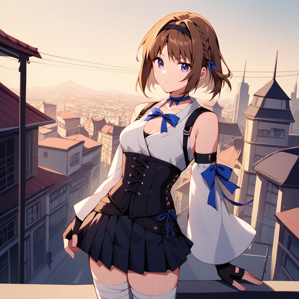  1 girl,  is standing, city, town, rooftop, night,  Medium Chest , Takamori Haruka(Hairstyle:1.2, Body Type:1.2)"Kabanelli Unknown (face:1.2, Costume:1.2), Light purple eyes, "Dark brown hair,  single braid,  Ribbon Choker ,Purple ribbon,Japanese clothes in navy blue and white, Corset ,black and white hakama black short skirt, long sleeve, Blue Ribbon , bandaged legs ,Fingerless gloves,  Detached Sleeve "