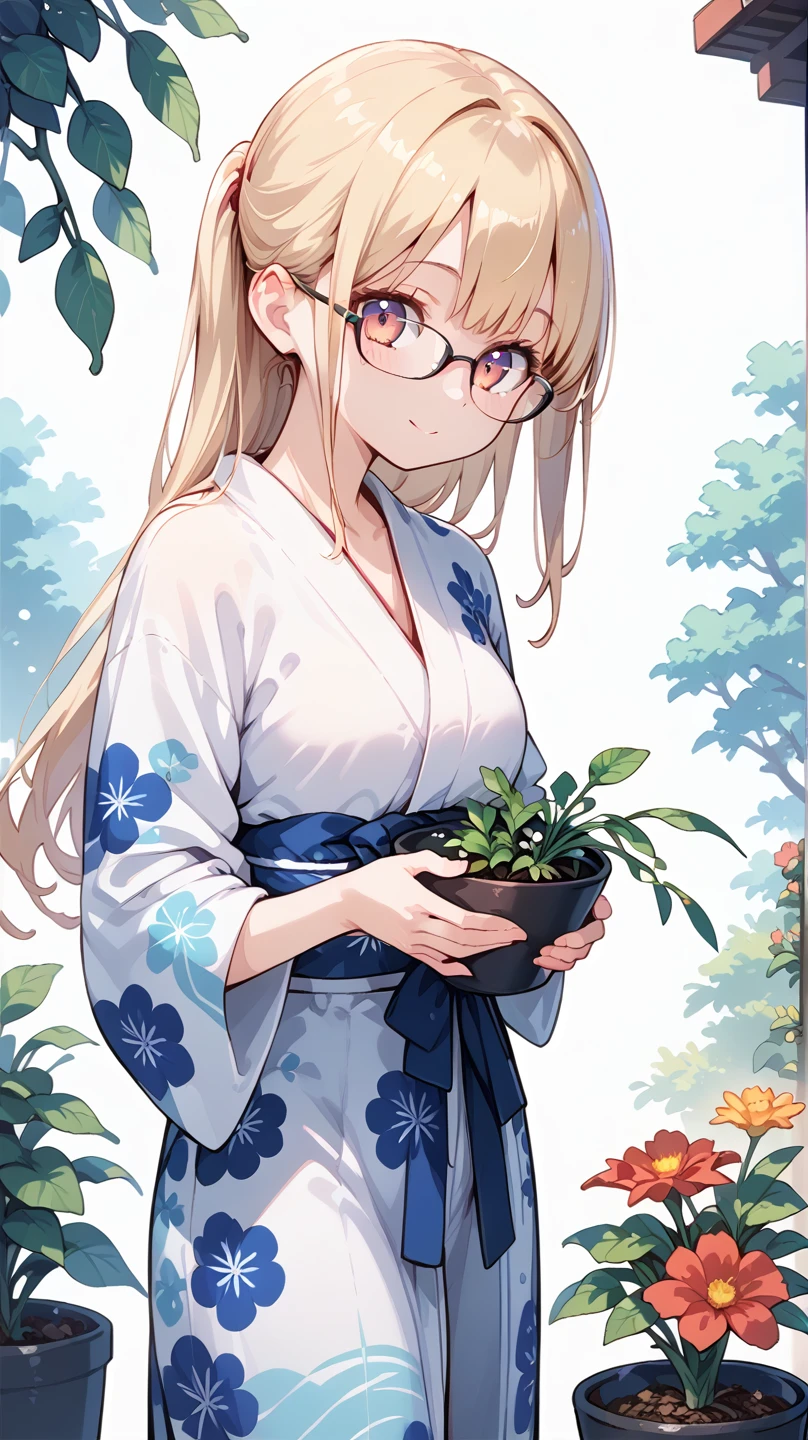  long hair,Glasses,Japanese Yukata,flower,Cosmos, Gardening 