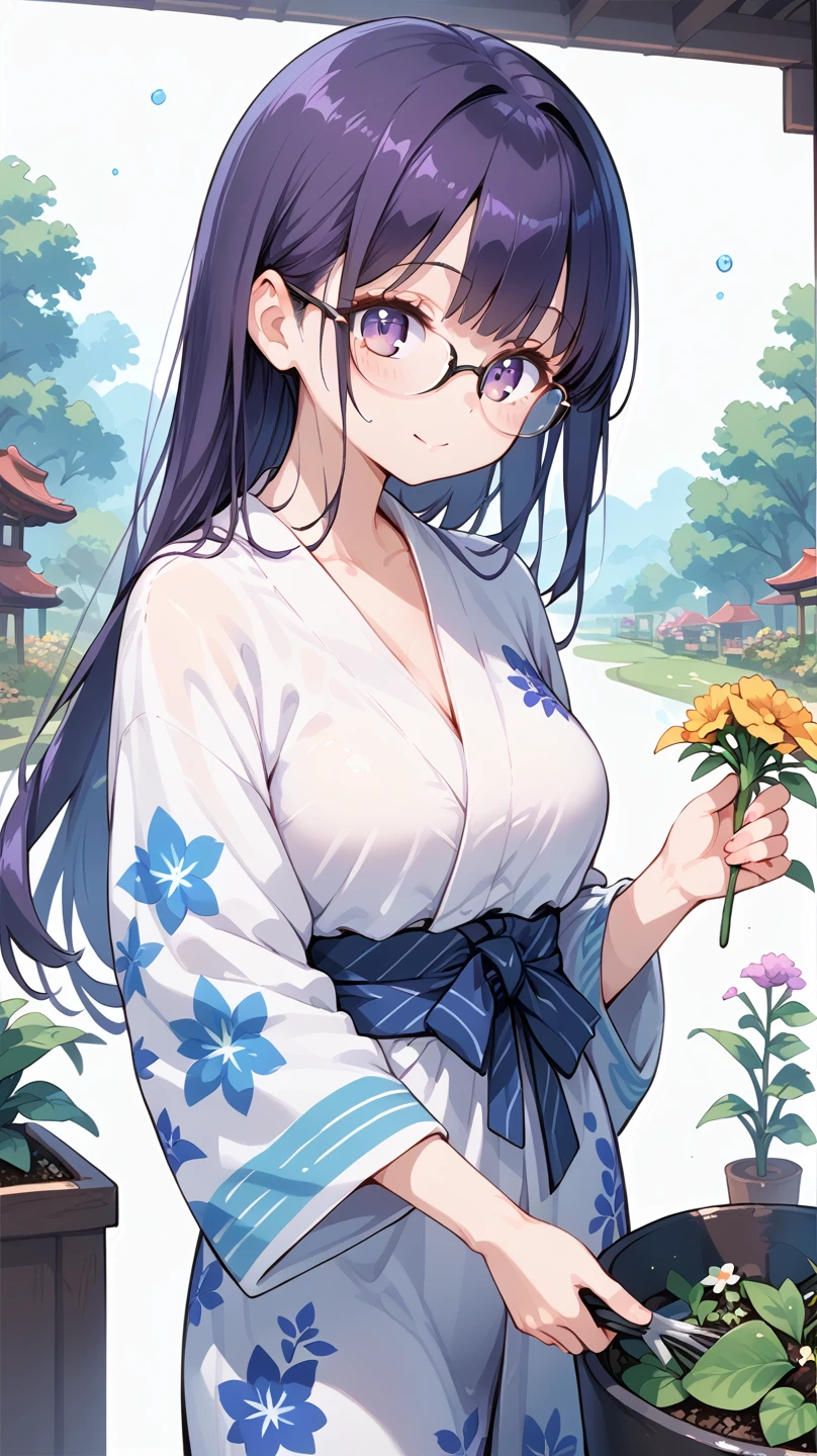  long hair,Glasses,Japanese Yukata,flower,Cosmos, Gardening 