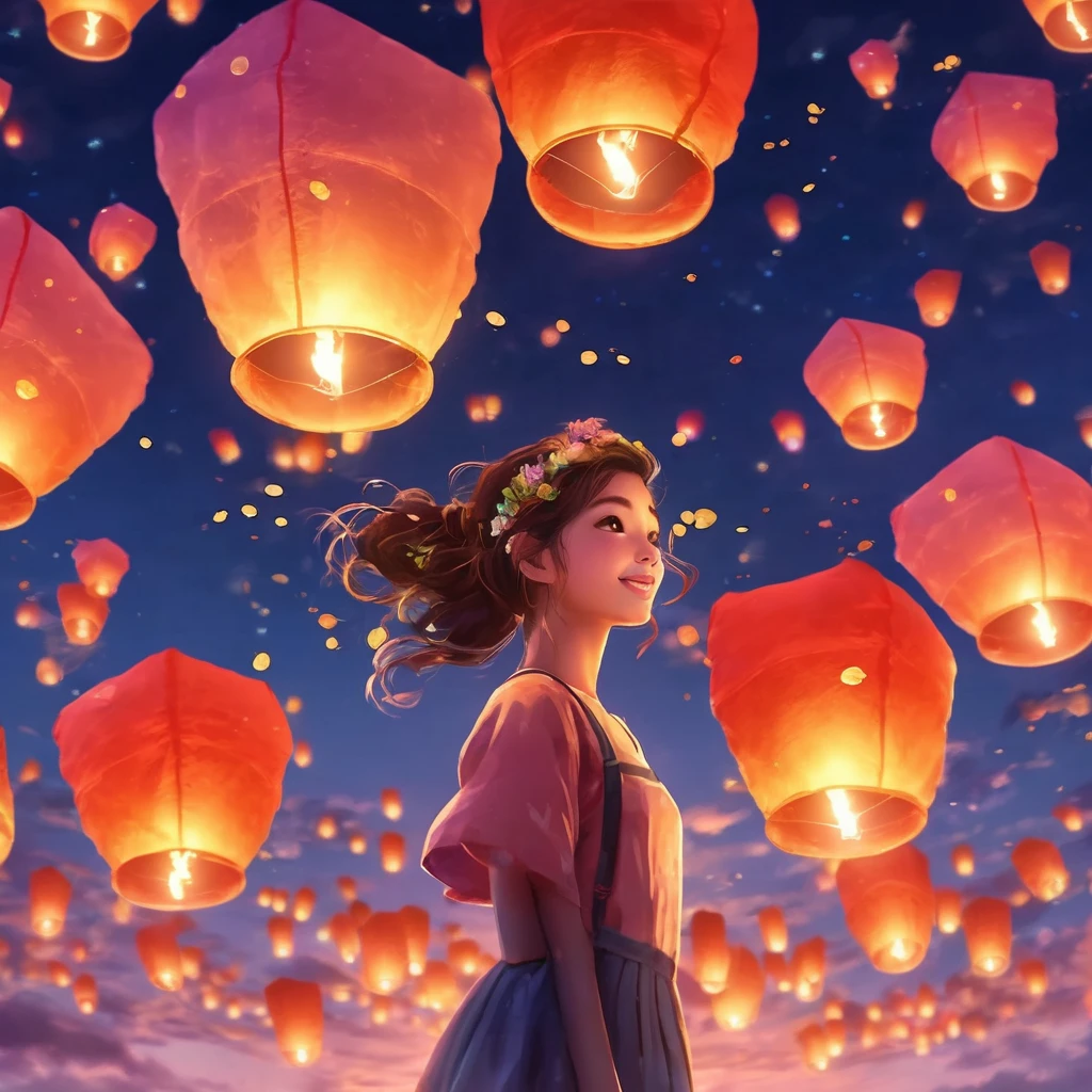 A realistic scene of a young girl floating in the sky with colorful lanterns, symbolizing wishes and dreams, soft clouds in the background, warm sunset lighting, ethereal atmosphere, capturing a sense of wonder and hope, detailed expressions on the girl's face, whimsical and serene.、masterpiece,best quality,ultra detailed,8k portrait,unity 8k wallpaper,super fine illustration