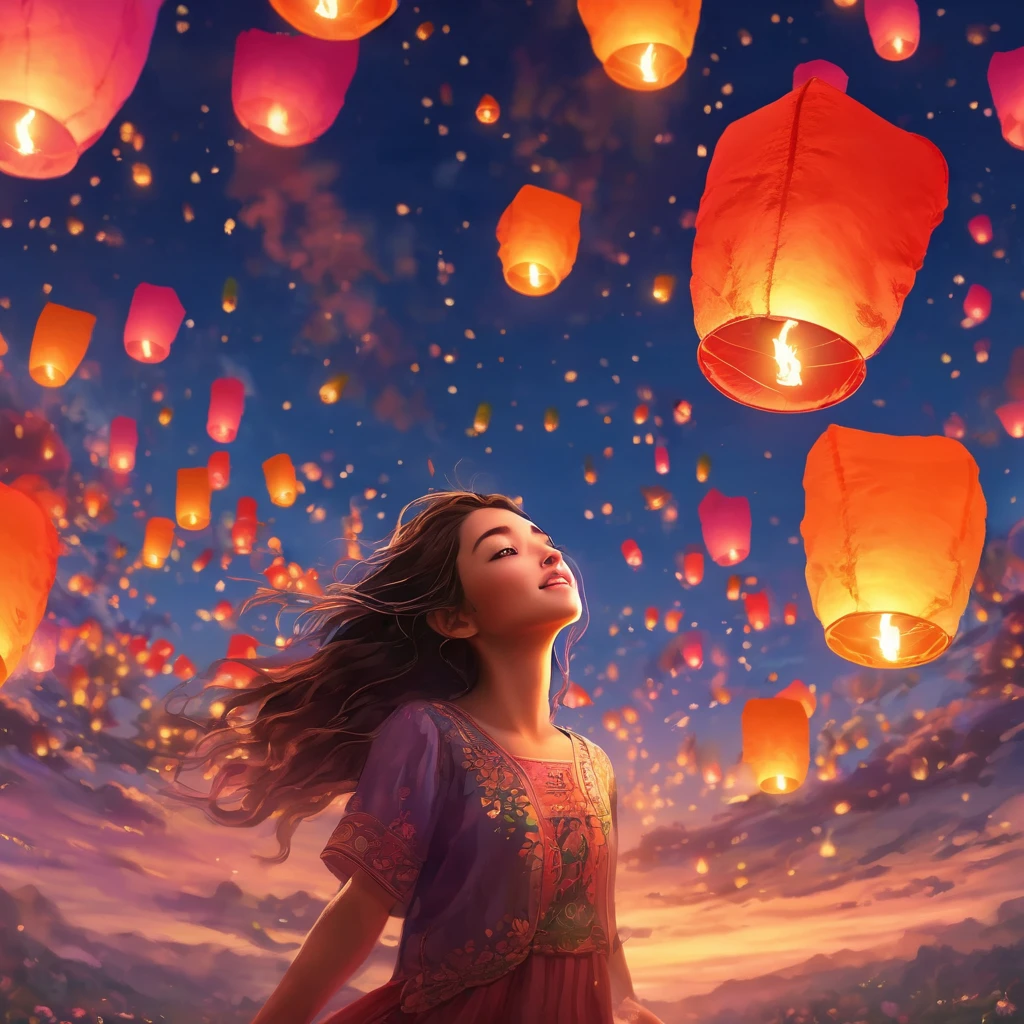 A realistic scene of a young girl floating in the sky with colorful lanterns, symbolizing wishes and dreams, soft clouds in the background, warm sunset lighting, ethereal atmosphere, capturing a sense of wonder and hope, detailed expressions on the girl's face, whimsical and serene.、masterpiece,best quality,ultra detailed,8k portrait,unity 8k wallpaper,super fine illustration