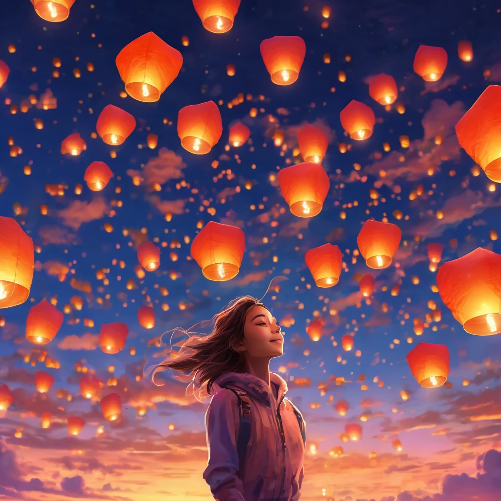 A realistic scene of a young girl floating in the sky with colorful lanterns, symbolizing wishes and dreams, soft clouds in the background, warm sunset lighting, ethereal atmosphere, capturing a sense of wonder and hope, detailed expressions on the girl's face, whimsical and serene.、masterpiece,best quality,ultra detailed,8k portrait,unity 8k wallpaper,super fine illustration