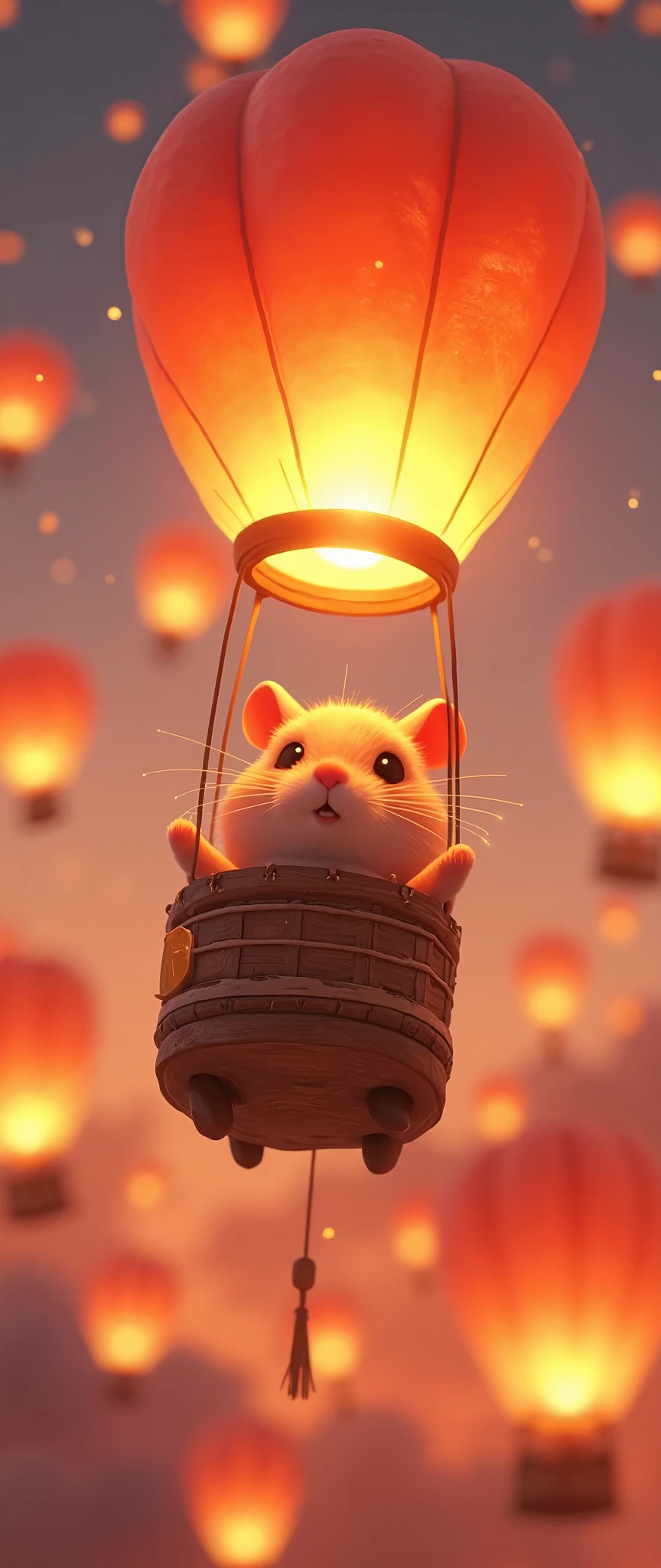 masterpiece, Superior Quality ,Milonish,  Cinematic Experience,Super detailed, Ultra HD, best illustration, 3D isometric illustration ,16k,wallpaper,Pixar Studios ,Floating Lanterns,,Close up of a traveling adventurer hamster riding a lantern balloon, dynamic , deformed characters , Minimalist ,Pixar Studios , from above,Countless lanterns floating in the sky,( Cute Illustrations )