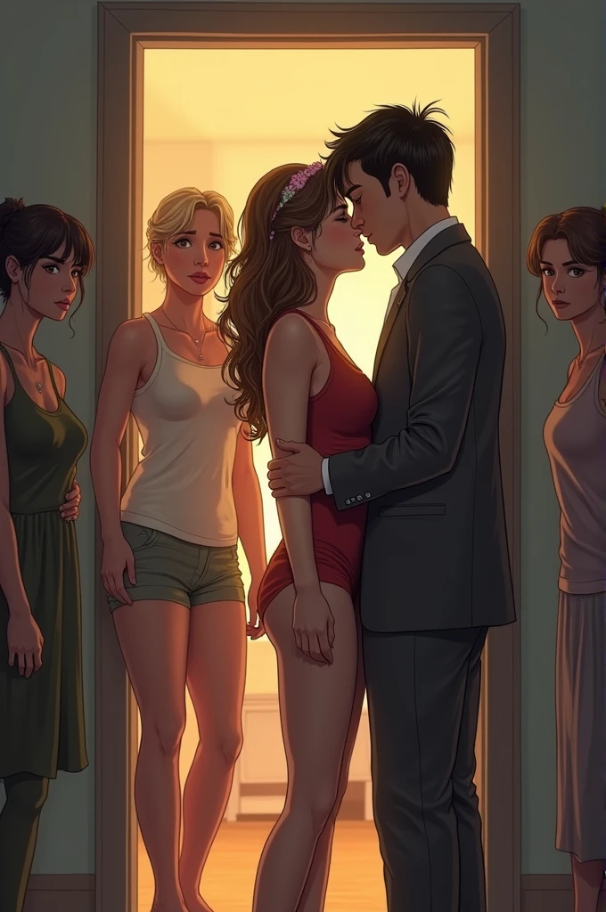 Figure 2 Men and woman in bedroom with bed, Kiss of a man and a woman, carries a woman on her shoulder, brunette dressed in a short dress, T-shirt and pants, T-shirt and summer pants, modern bedroom, big bed, Flower pots, Floor flowers, Large window overlooking the city, the night, Lights, soft light, The light of the moon in the window, higly detailed, Figure 8 K, realistic art style, art cover, Stylized works of urban fantasy, official illustration, digital illustration -
