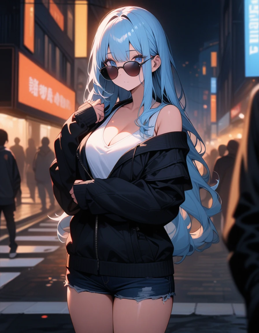 top-quality、Top image quality、masterpiece、girl with((18year old、Best Bust、big bast,Beautiful blue eyes、Breasts wide open, Blue ponytail、A slender、Large valleys、Reflecting the whole body、Red face、Shining eyes、Headphones on the head,Black hoodie、Black short skirt、head phone、Have a smartphone、Fly the drone、))hiquality、Beautiful Art、Background with((A city that shines at night)))、,masutepiece、visualart、depth of fields、