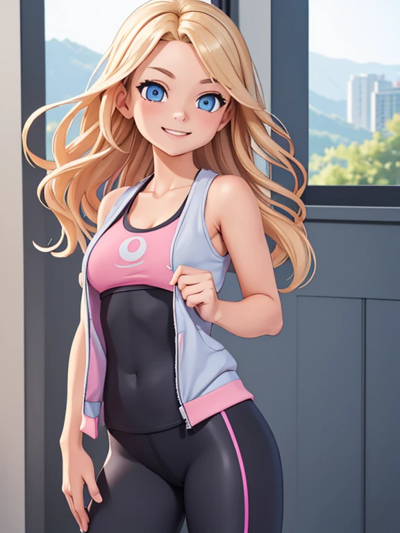 (masterpiece:1.2), best quality, high resolution, unity 8k wallpaper, (illustration:0.8), 1 girl, solo, wavy blonde hair, blue eyes, beautiful face. She's a college freshman. (Wearing: Opened Pink jacket, gray tank-top, Lululemon branded black leggings). She has a carefree smile on her face; she's standing.
