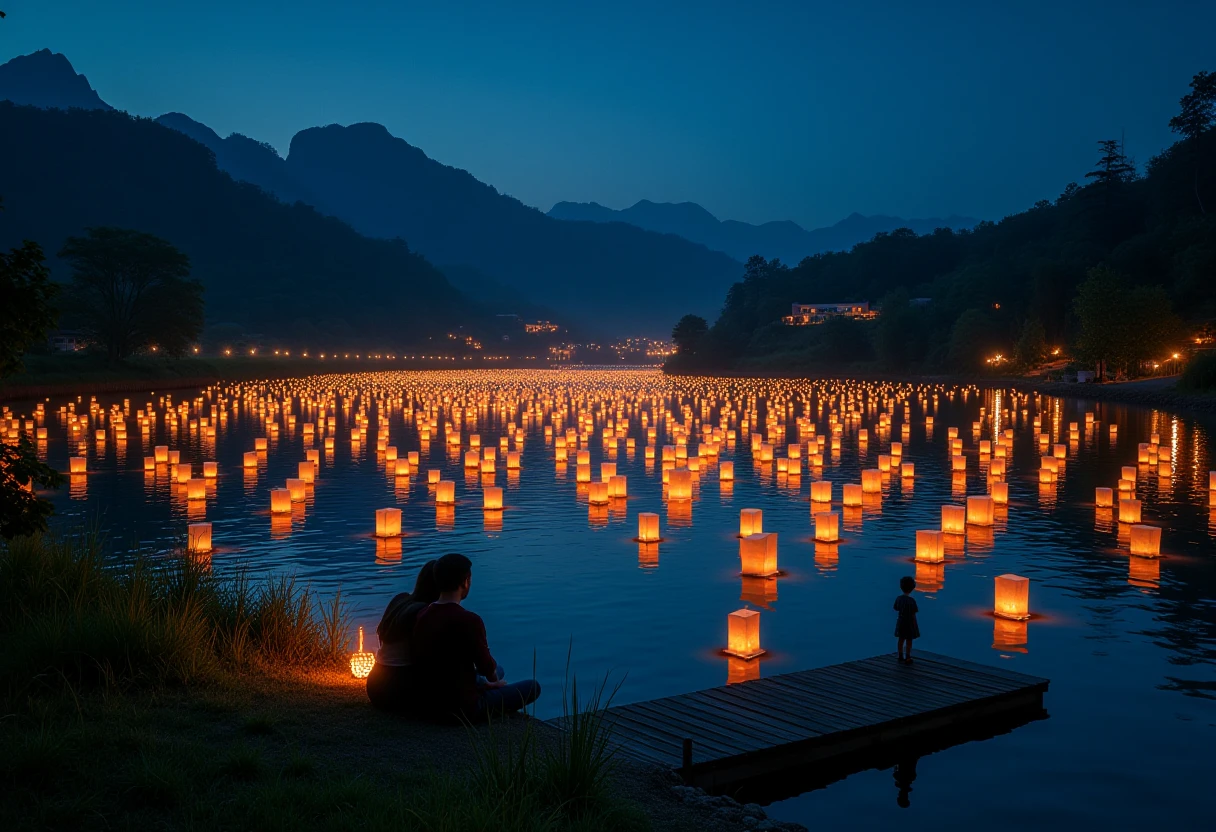 In a quiet, moonlit river in a small rural village, hundreds of floating lanterns drift peacefully across the water, their warm orange glow casting reflections that dance like fireflies. The silhouettes of trees line the riverbanks, and a single bridge crosses in the background, where villagers can be seen releasing more lanterns, each one a wish or memory sent into the night. Taken with a Hasselblad camera in cinematic lighting, this photograph captures the soft, spiritual beauty of a tradition in perfect harmony with the stillness of the night.<lora:Flux.1_Turbo_Detailer.safetensors:0.7000000000000001:0.7000000000000001>