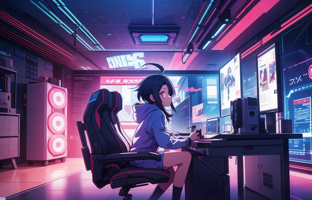 nimé girl with a hoodie sitting in front of a computer, animated style 4 k, cyberpunk animated girl in hoodie, neon.animated, cute hoodie animated girl in room, playing game,  holding game controller , PC Monitor, pattern background ,animated art wallpaper 4 k, animated art wallpaper 4k, digital cyberpunk - animated art, digital animated illustration, cyber student, digital cyberpunk animated art, animated style. 8K, animated art wallpaper 8 k, animated wallpaper 4k