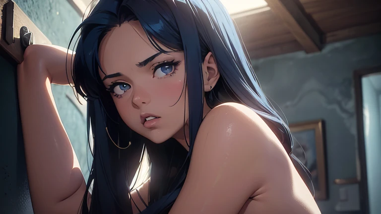 1girl,a beautiful fashion model ,(masterpiece, official art, best quality) (blue eyes) ,long and shiny hair, black hair, long ponytail, hair strand between eyes, full lips, upturned nose ((((tan skin, bronze skin, 1.3)))), big , stripping, elegant makeup, exhibitionism, naked in public, akali, slim thighs, toned body, shiny skin, sexy pose, blue eyes,(( (slender, skinny, slim))), gold hoop earrings, pink eyeshadow, cute face, innocent, blush