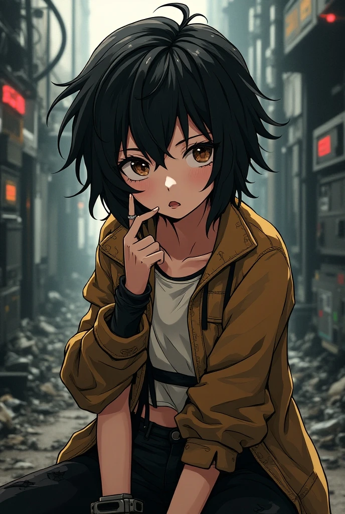 savage anime girl wearing baggy clothes and shoes and she is wearing accessories and chewing gum