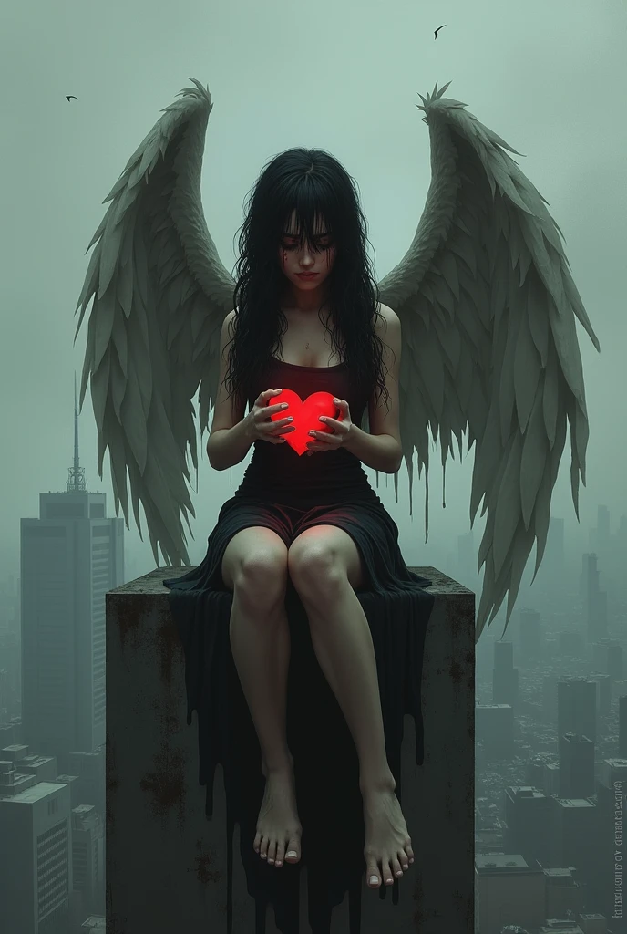 woman, straight black hair, kneeling on the floor, battered black angel wings, injured body, with a bloody heart in her hands, gore image, looking at the camera, photorealistic