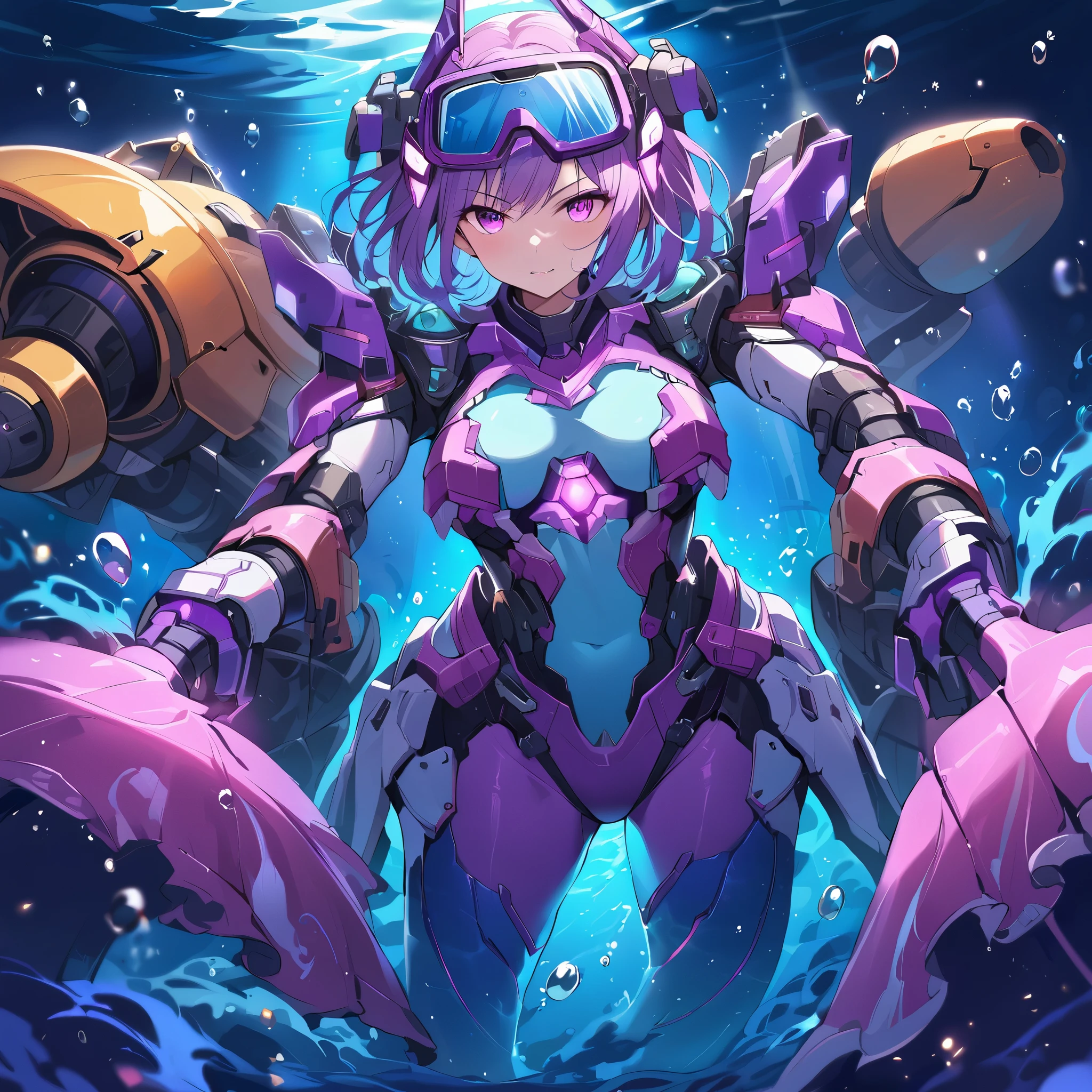 Digital artwork of a mecha girl equipped with an assumption of underwater combat, mermaid mecha girl, short hair, wolf cut hair, underwater goggles, futuristic snorkel, headgear, underwater bodysuit, tight skin, mermaid motif exoskeleton, equipment hydro pump cannon, underwater, underwater, seabed, dim, foam, light particles, cowboy shot, combat posture, underwater battle scene, battle stance, attack pose, The deep sea, night, (RGB bioluminescence glowing on body), masterpiece, best quality, ultra detailed, intricate detailed, highly detailed skin