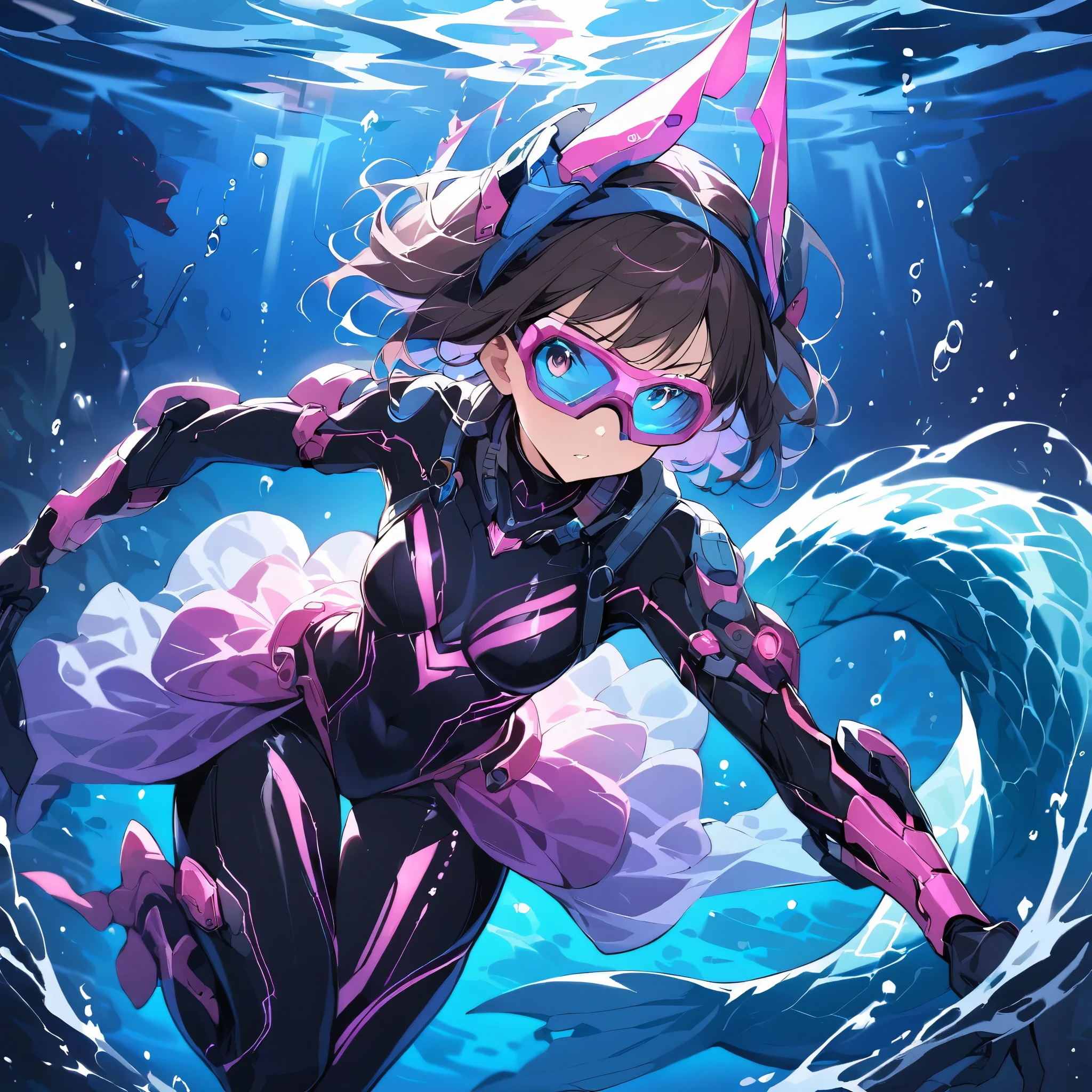 Digital artwork of a mermaid girl equipped with an assumption of underwater combat, mermaid girl, short hair, wolf cut hair, underwater goggles, futuristic snorkel, headgear, underwater bodysuit, tight skin, mermaid motif exoskeleton, equipment hydro pump cannon, underwater, underwater, seabed, dim, foam, light particles, cowboy shot, combat posture, underwater battle scene, battle stance, attack pose, The deep sea, night, (RGB bioluminescence glowing on body), masterpiece, best quality, ultra detailed, intricate detailed, highly detailed skin