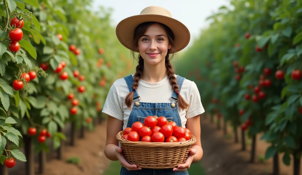 A high-resolution photo of a closeup of a RED-haired child girl with long hair, in jeans overalls, white T-shirt, loose farmer's hat, looking at the camera, standing in the field of (fruit trees), holding a basket of oranges