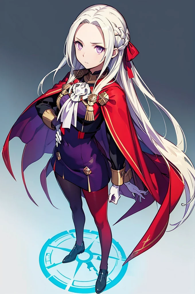 (masterpiece, Best Quality),   complicated details ,   1 girl,   Edelgard,   1 girl, Long Hair,   purple eyes, Alone,   viewers in rubber suits   , Cape,   hair ornament, ribbon, uniform,   simple background,   place your hand on your lower back,   is standing, red pantyhose, garreg mach monastery uniform,