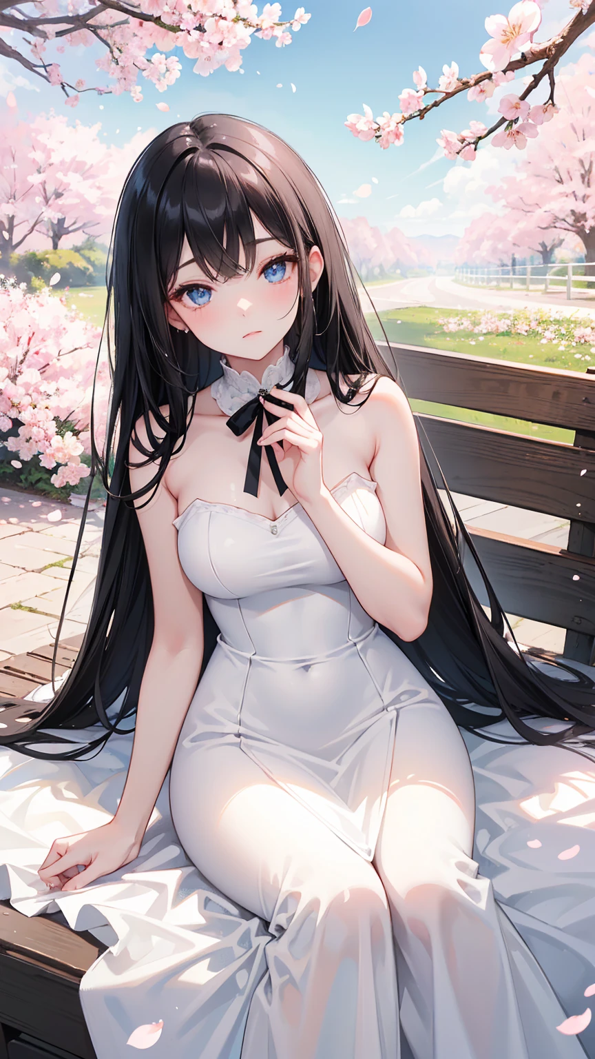 HDR , high quality , cute girl , sitting on grass , focus on person , garden , detailed background , off shoulder dress , sexy , thigh , long black hair , medium breast ,blush and smile , soft light