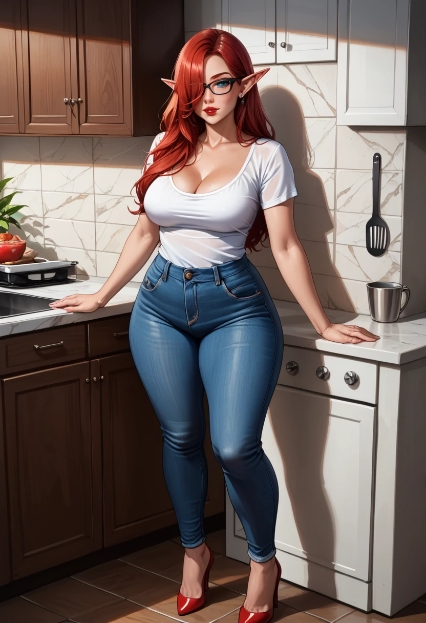 score_9,score_8_up,score_7_up, 1girl, Beautiful, Curvy, Tall, Mature, (Wide Hips, Thicc Thighs, Big Ass: 1.3), (Medium Breasts: 1.3), (Elf Woman: 1.3), (Standing, leaning against counter, Hand caressing chest, Legs spread Wide, in kitchen: 1.3), (Black Framed Glasses: 1.3), (Long Red hair over one eye: 1.3), Blue Eyes: 1.3, has shine, double eyelids, detailed irises, Tall, Curvy, Body, Skintight Cleavage Red Short sleeve Shirt: 1.3, Skintight Blue Denim Jeans: 1.3, Red Stiletto High Heels: 1.3, Red lipstick: 1.3, Green Eyeshadow: 1.0, hyper detailed, 16k, light and shadow on skin, vivid colors, Lustful Expression, perfect lips, sexy mature face, lots of freckles all over body, full voluptuous pouty lips, extreme blush, Looking at Viewer, eyes half open, Close-up: 1.1, extremely detailed, ray tracing, RTX, high saturation, high contrast, photon mapping, ((sharp image)), ((best quality)), ((detailed background)),((intricate details))